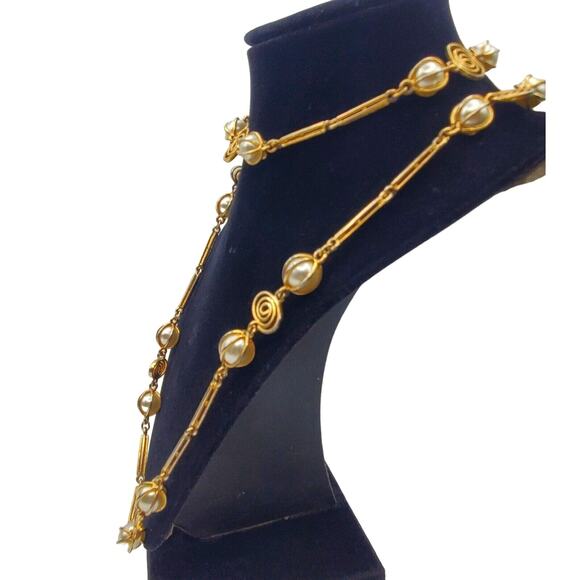 Faux Pearl Long Necklace Gold Tone Scroll Chain Vintage 1970s Flapper 36 1/2" - Picture 4 of 7